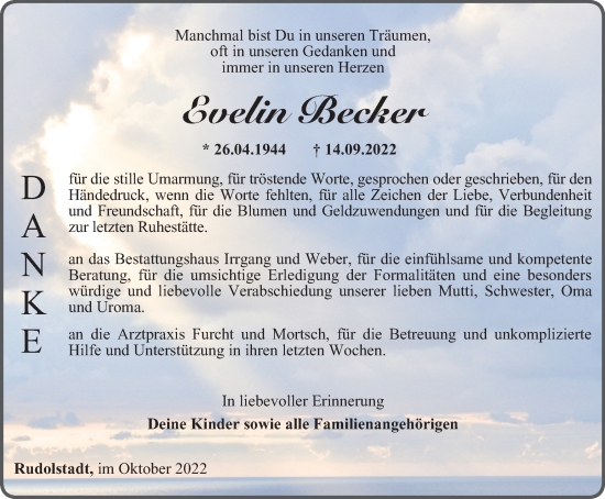 Traueranzeige von Evelin Becker von Ostthüringer Zeitung