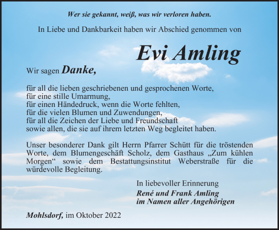 Traueranzeige von Evi Amling von Ostthüringer Zeitung