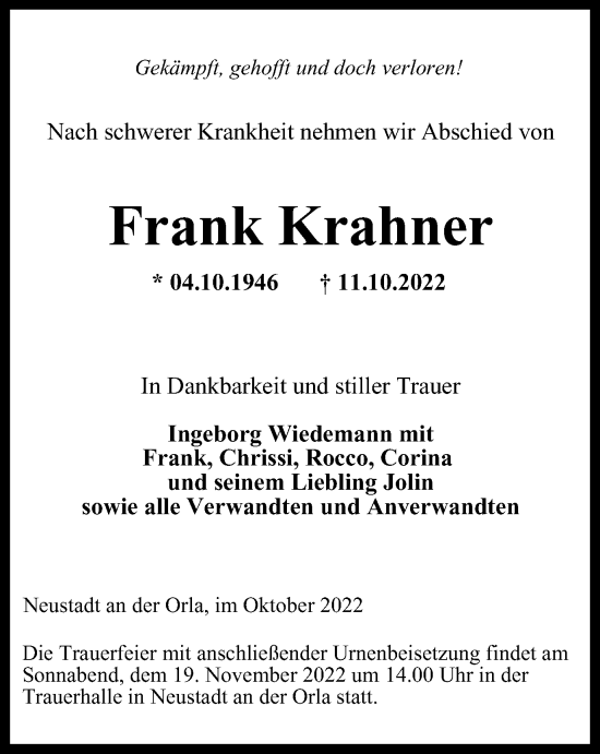 Traueranzeige von Frank Krahner