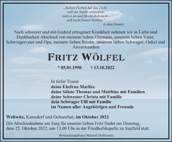 Traueranzeige von Fritz Wölfel