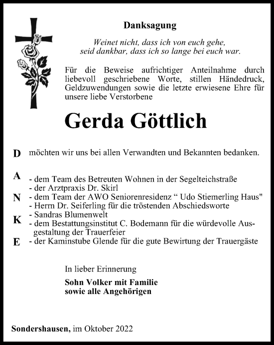 Traueranzeige von Gerda Göttlich