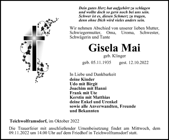Traueranzeige von Gisela Mai von Ostthüringer Zeitung