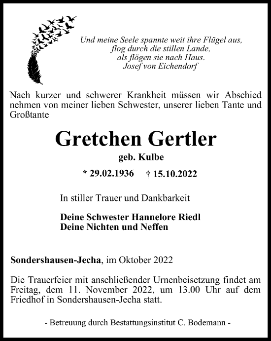 Traueranzeige von Gretchen Gertler