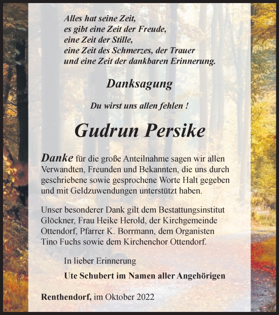 Traueranzeige von Gudrun Persike von Ostthüringer Zeitung