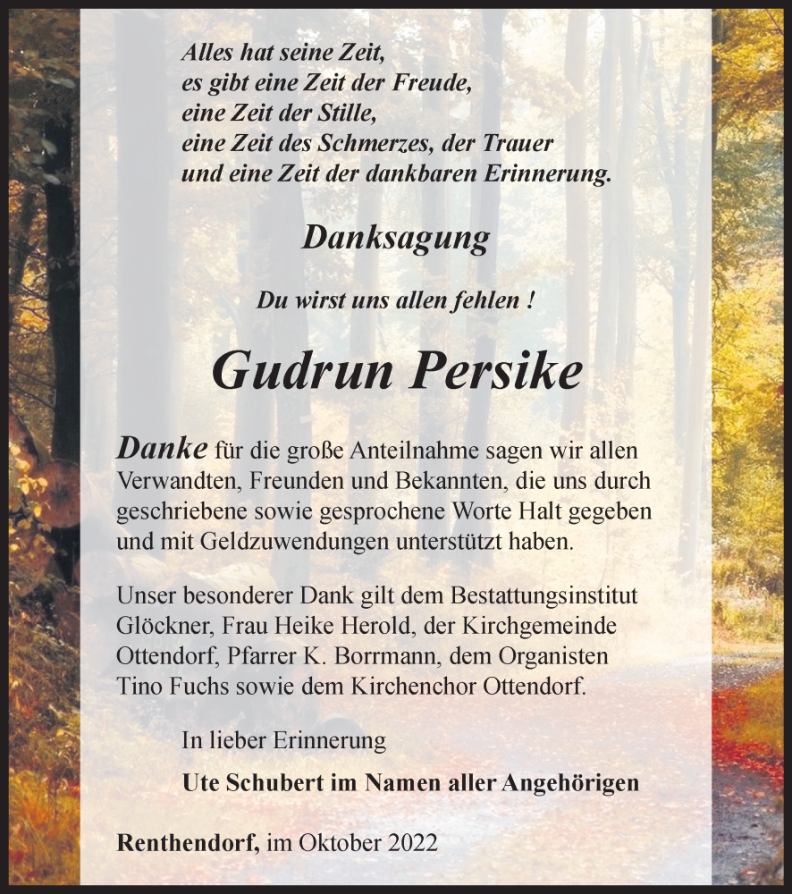  Traueranzeige für Gudrun Persike vom 08.10.2022 aus Ostthüringer Zeitung