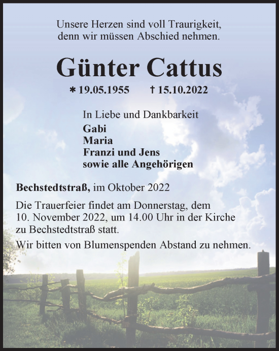 Traueranzeige von Günter Cattus von Thüringer Allgemeine, Thüringische Landeszeitung