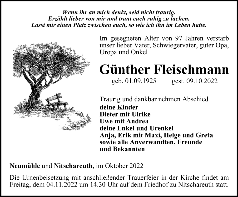 Traueranzeige für Günther Fleischmann vom 14.10.2022 aus Ostthüringer Zeitung