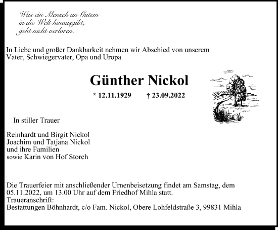 Traueranzeige von Günther Nickol von Thüringer Allgemeine, Thüringische Landeszeitung