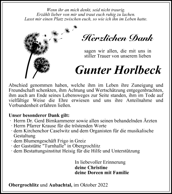 Traueranzeige von Gunter Horlbeck von Ostthüringer Zeitung