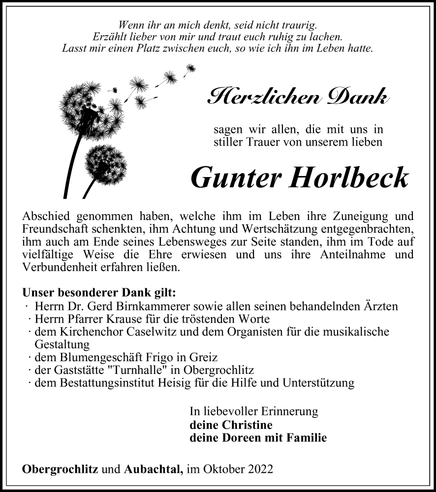  Traueranzeige für Gunter Horlbeck vom 21.10.2022 aus Ostthüringer Zeitung