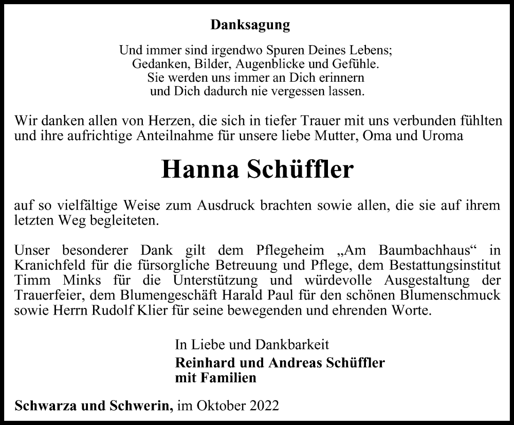  Traueranzeige für Hanna Schüffler vom 01.10.2022 aus Thüringer Allgemeine, Thüringische Landeszeitung