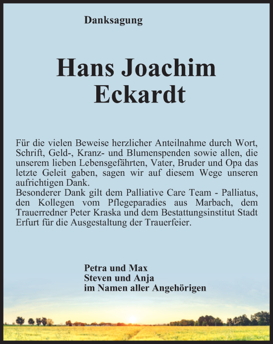 Traueranzeige von Hans Joachim Eckardt von Thüringer Allgemeine, Thüringische Landeszeitung