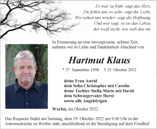 Traueranzeige von Hartmut Klaus von Thüringer Allgemeine