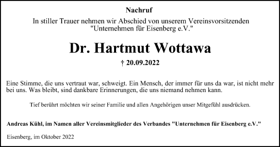 Traueranzeige von Hartmut Wottawa von Ostthüringer Zeitung