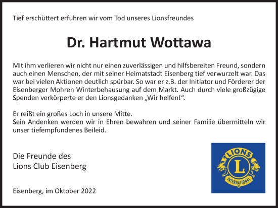 Traueranzeige von Hartmut Wottawa von Ostthüringer Zeitung