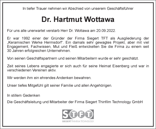 Traueranzeige von Hartmut Wottawa von Ostthüringer Zeitung