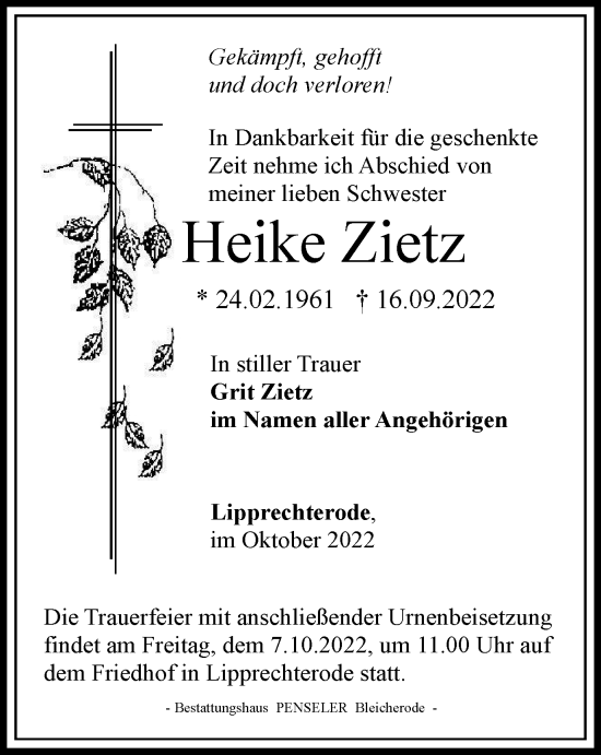 Traueranzeige von Heike Zietz von Thüringer Allgemeine