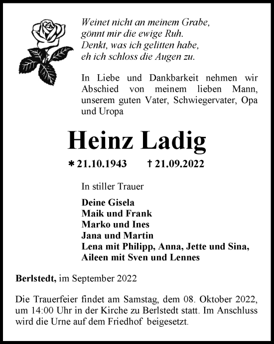 Traueranzeige von Heinz Ladig von Thüringer Allgemeine, Thüringische Landeszeitung