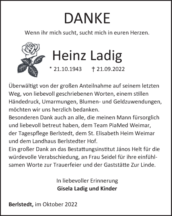 Traueranzeige von Heinz Ladig von Thüringer Allgemeine, Thüringische Landeszeitung