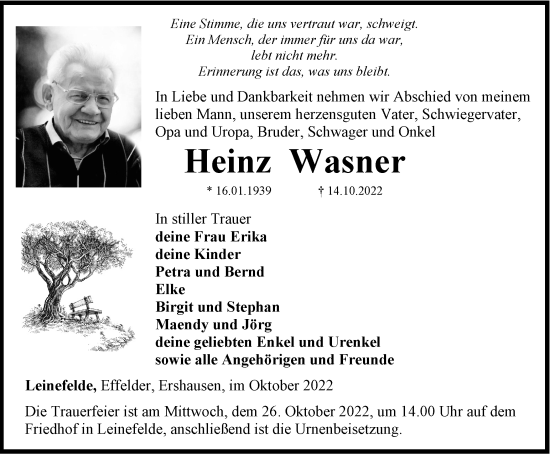 Traueranzeige von Heinz Wasner von Thüringer Allgemeine