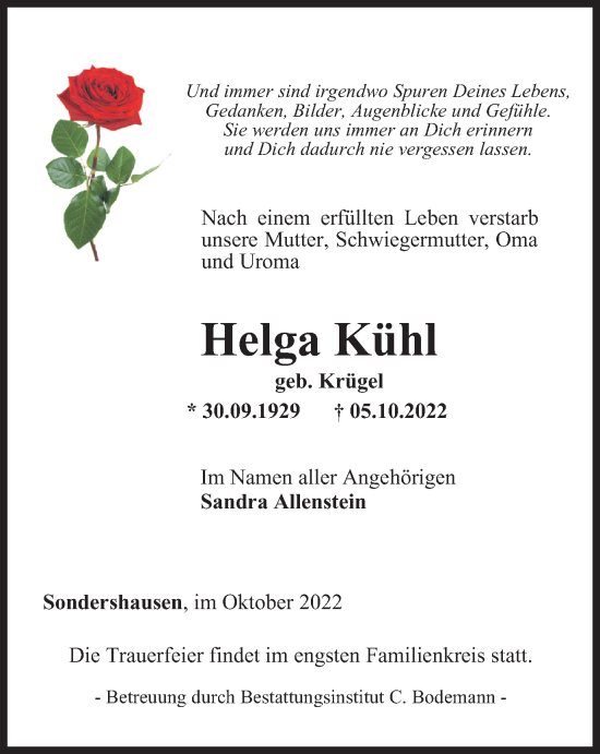 Traueranzeige von Helga Kühl