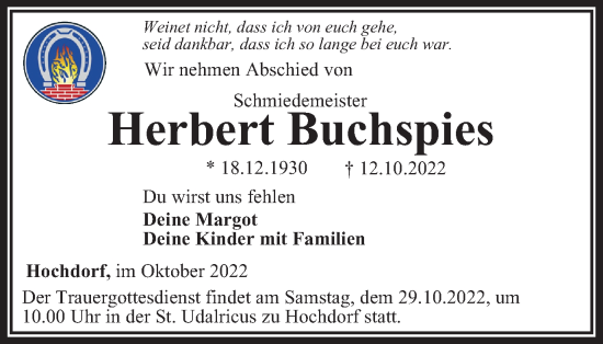 Traueranzeige von Herbert Buchspies von Ostthüringer Zeitung