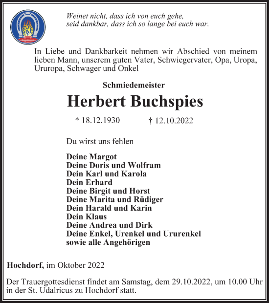 Traueranzeige von Herbert Buchspies von Thüringer Allgemeine, Thüringische Landeszeitung