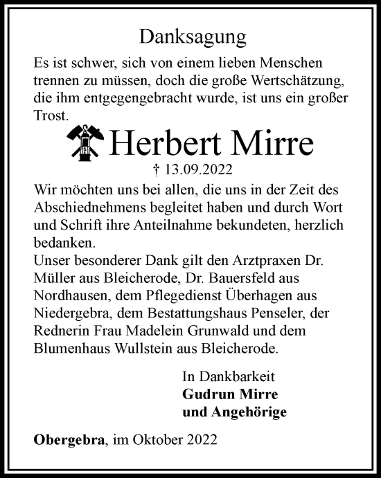 Traueranzeige von Herbert Mirre von Thüringer Allgemeine