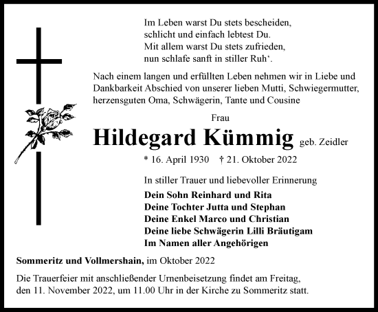 Traueranzeige von Hildegard Kümmig von Ostthüringer Zeitung