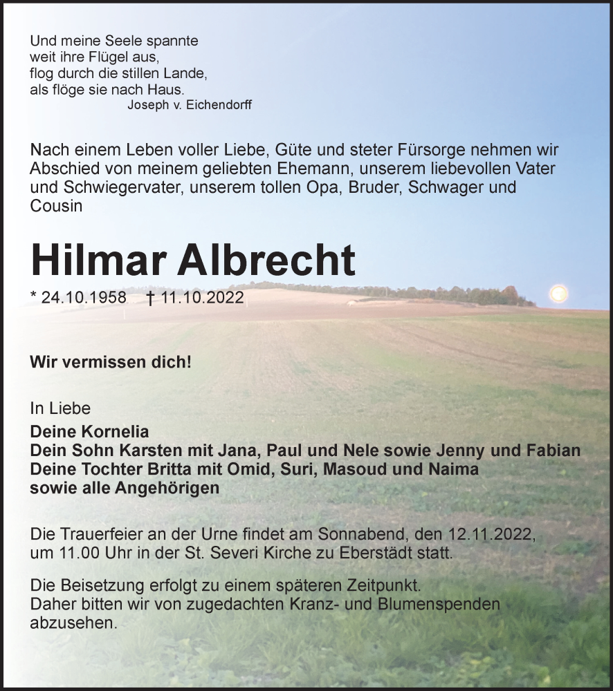  Traueranzeige für Hilmar Albrecht vom 29.10.2022 aus Thüringer Allgemeine, Thüringische Landeszeitung