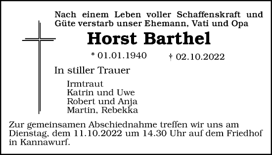 Traueranzeige von Horst Barthel von Thüringer Allgemeine