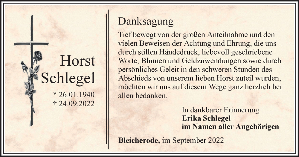  Traueranzeige für Horst Schlegel vom 22.10.2022 aus Thüringer Allgemeine