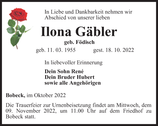 Traueranzeige von Ilona Gäbler von Ostthüringer Zeitung