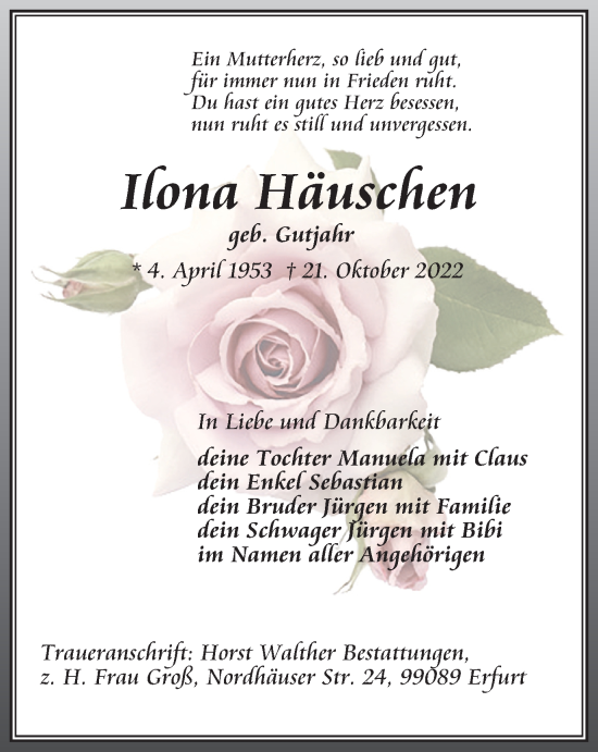 Traueranzeige von Ilona Häuschen