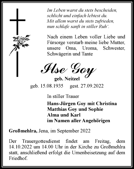 Traueranzeige von Ilse Goy von Thüringer Allgemeine, Thüringische Landeszeitung