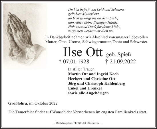 Traueranzeige von Ilse Ott von Thüringer Allgemeine