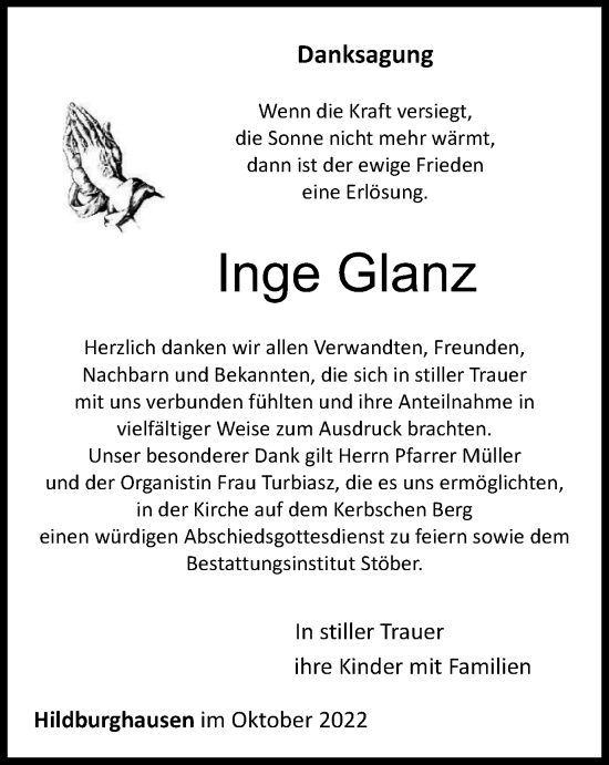 Traueranzeige von Inge Glanz von Thüringer Allgemeine