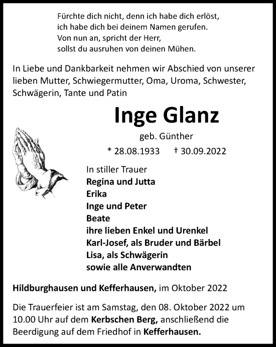 Traueranzeige von Inge Glanz von Thüringer Allgemeine
