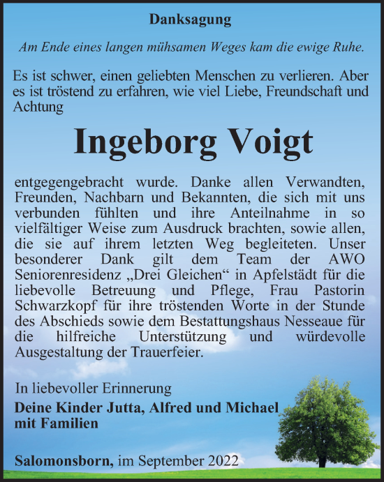 Traueranzeige von Ingeborg Voigt von Thüringer Allgemeine, Thüringische Landeszeitung