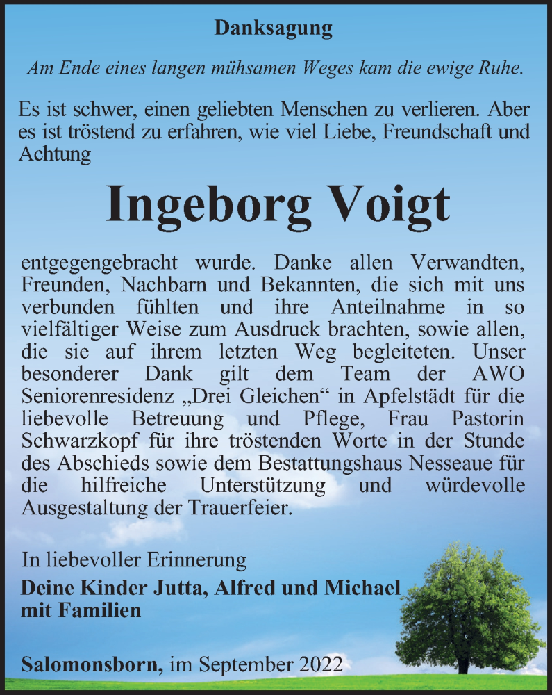  Traueranzeige für Ingeborg Voigt vom 01.10.2022 aus Thüringer Allgemeine, Thüringische Landeszeitung