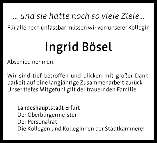 Traueranzeige von Ingrid Bösel von Thüringer Allgemeine, Thüringische Landeszeitung