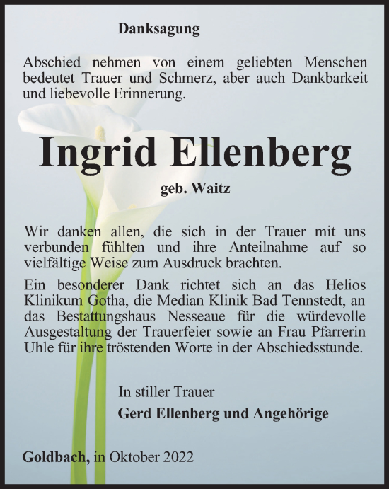 Traueranzeige von Ingrid Ellenberg von Thüringer Allgemeine, Thüringische Landeszeitung