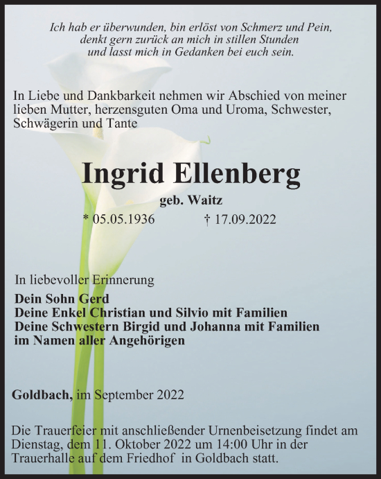 Traueranzeige von Ingrid Ellenberg von Thüringer Allgemeine, Thüringische Landeszeitung