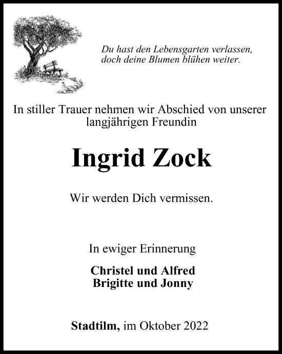 Traueranzeige von Ingrid Zock von Thüringer Allgemeine