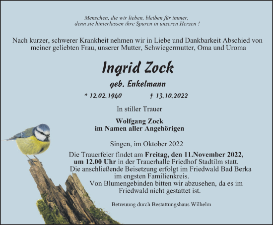 Traueranzeige von Ingrid Zock von Thüringer Allgemeine