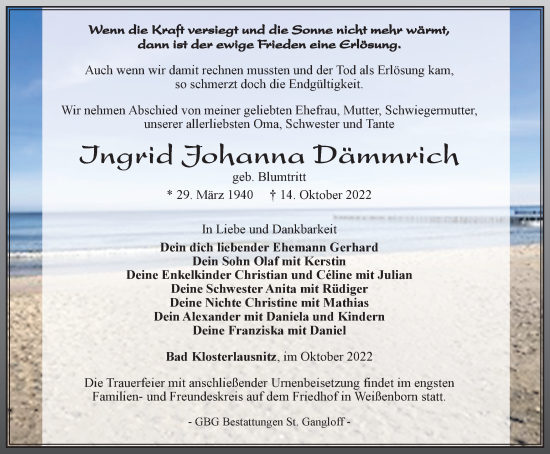 Traueranzeige von Ingrid Johanna Dämmrich von Ostthüringer Zeitung