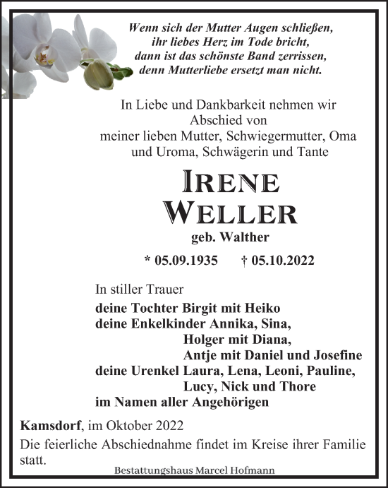 Traueranzeige von Irene Weller