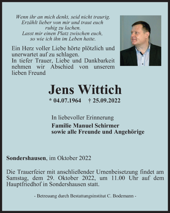 Traueranzeige von Jens Wittich