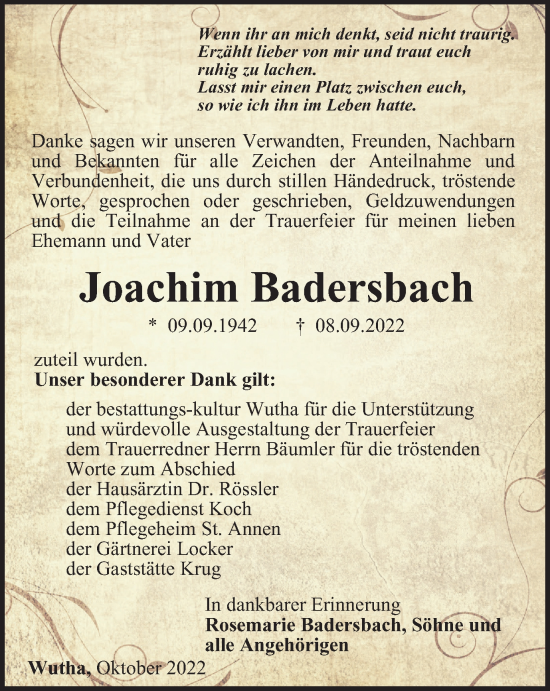 Traueranzeige von Joachim Badersbach von Thüringer Allgemeine, Thüringische Landeszeitung