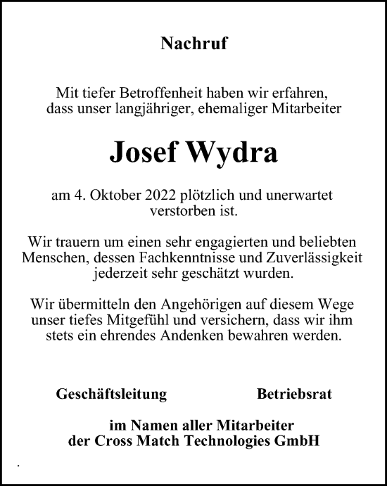 Traueranzeige von Josef Wydra von Ostthüringer Zeitung